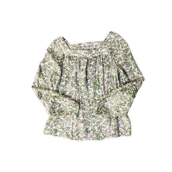 LC Lauren Conrad Blouse Womens L Lightweight Green & Cream Peasant Top - Picture 3 of 12
